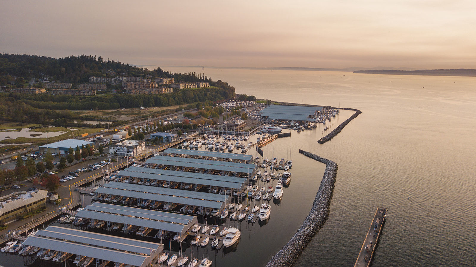 Port of Edmonds marina and Puget Sound at golden hour