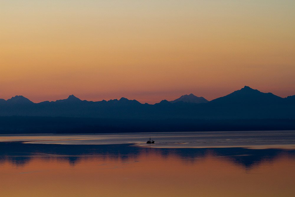 Puget Sound sunset from Edmonds with Olympic Mountains